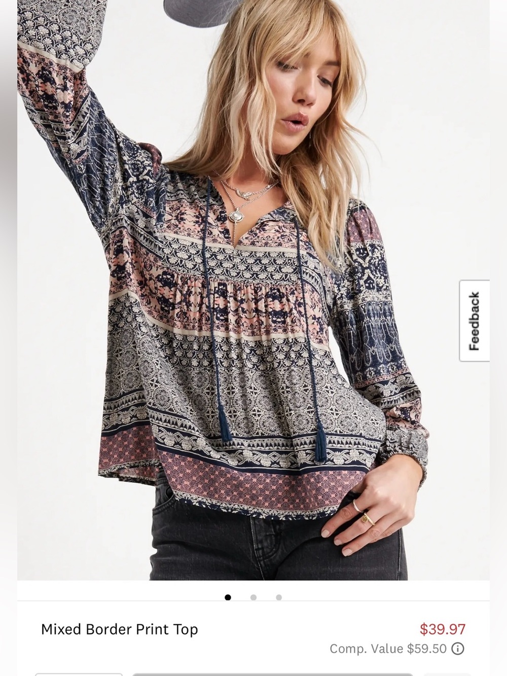 Lucky Brand Navy and Blush Mixed Border Print Peasant Top size XS